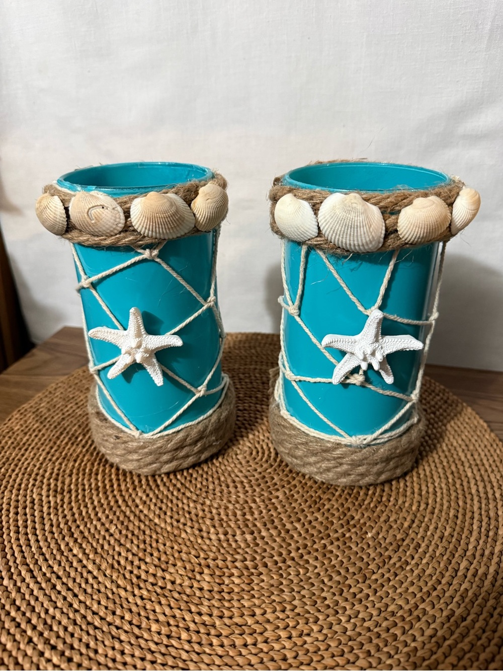 Nautical  Turquoise Shell & Starfish Decorative Vases - Set of 2